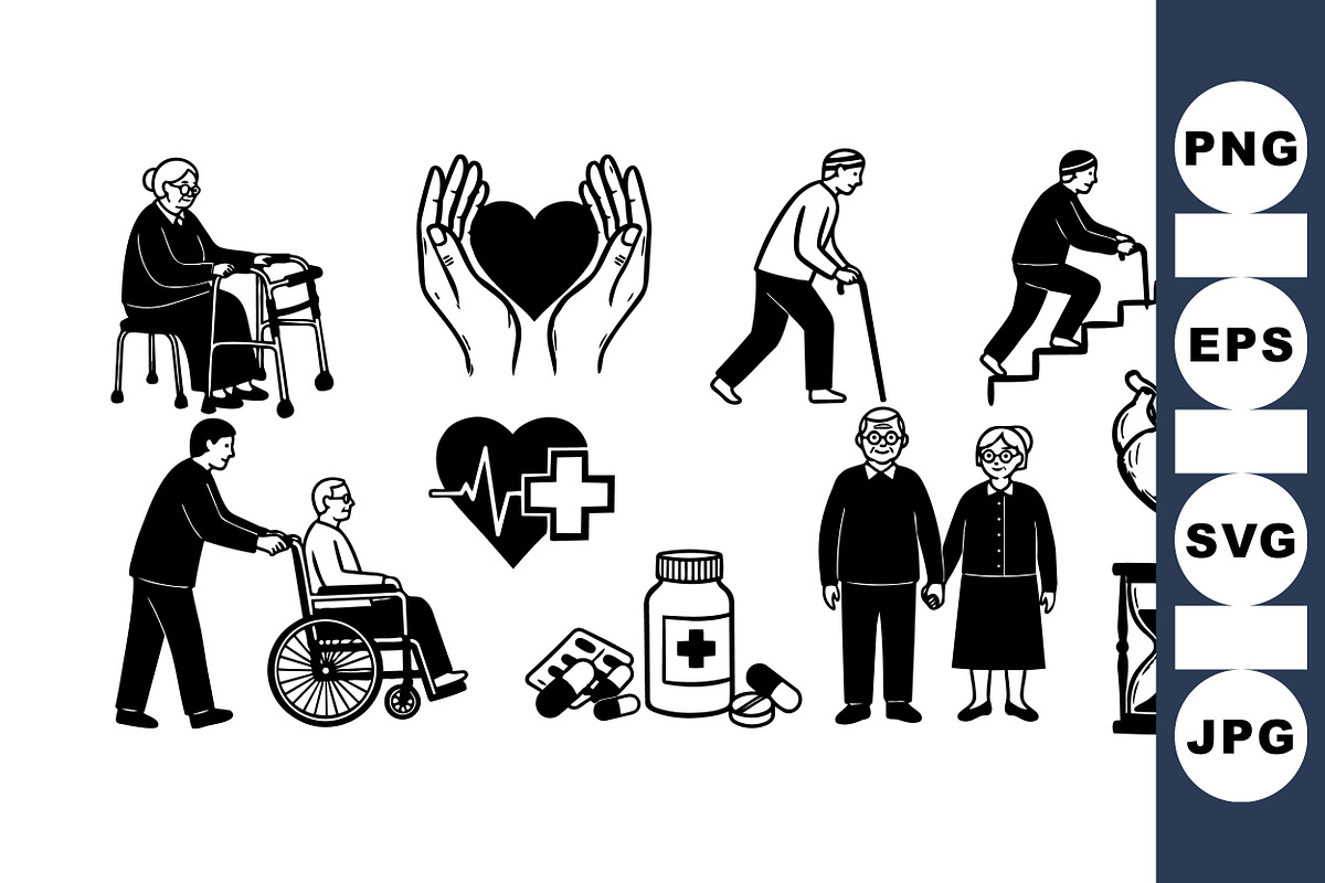 Elderly Care Medical Icons Set, an Illustration by designvectx (Photo 1 of 3)