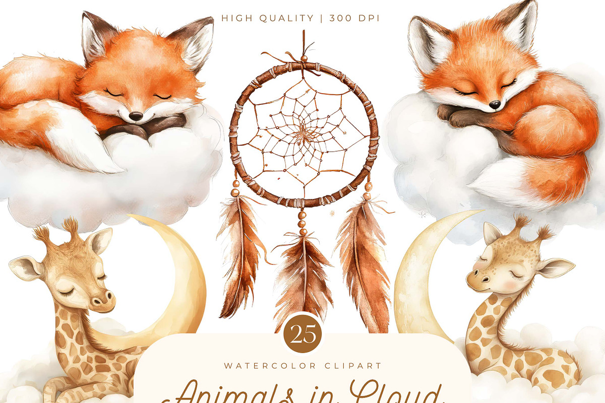 Watercolor Animals in Clouds Clipart, an Animal Illustration by SparkyDesignsUS (Photo 1 of 9)