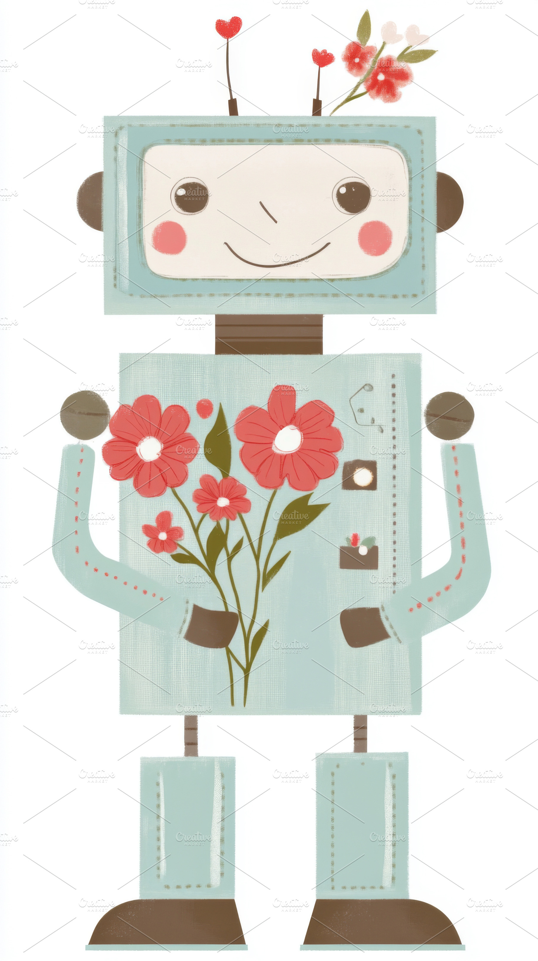 Robot holding flowers in arms with p, a Photo by Dvoevnore photos