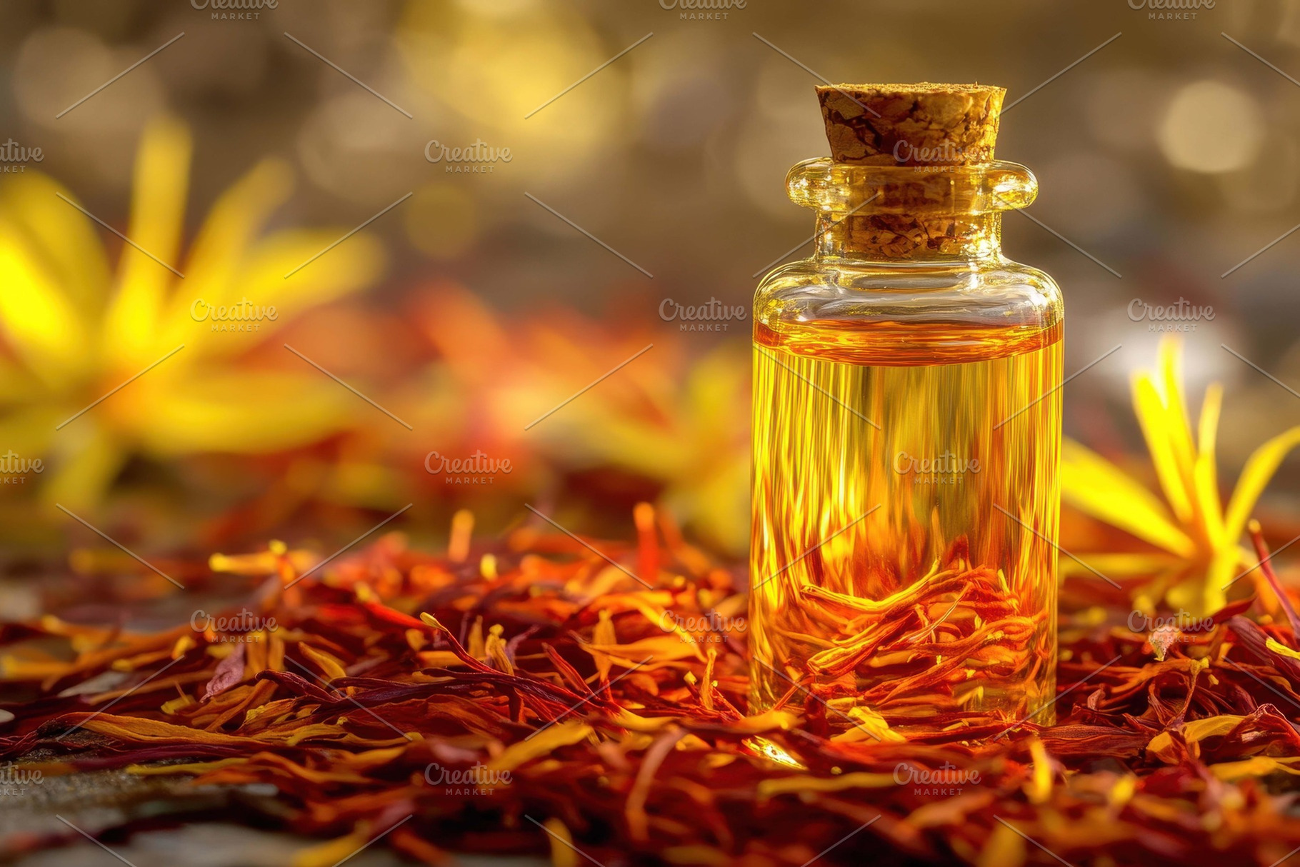 Saffron oil in glass bottle surround, a Photo by Tanuart