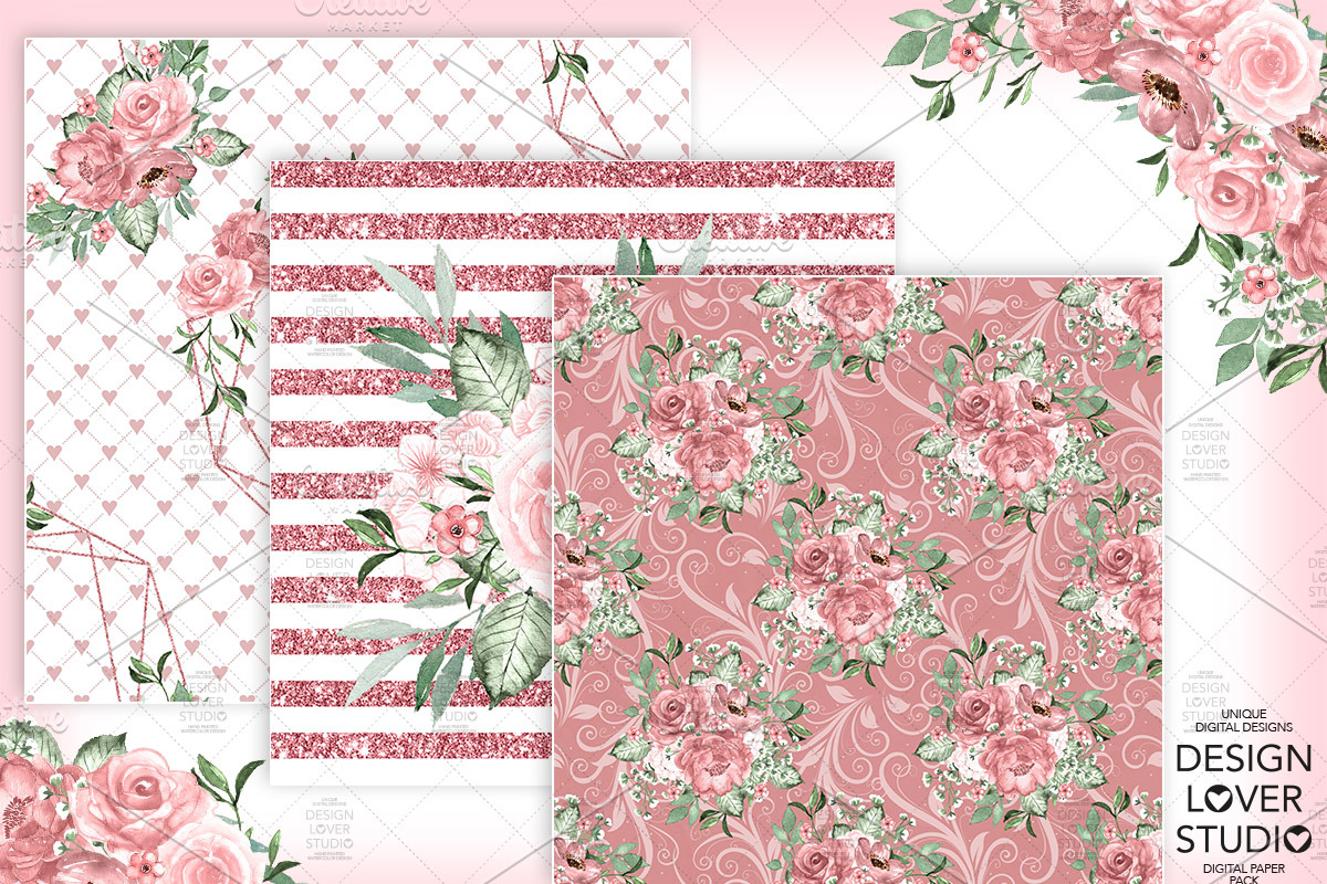 Dusty Rose Garden digital paper pack, a Pattern Graphic by ...