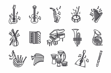 Music instruments icon set, an Outline Icon by Artha Design Studio