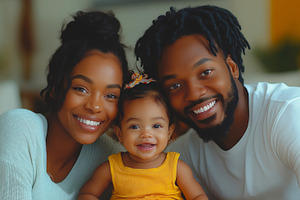 A joyful Black family, featuring a mother, father, and their adorable toddler,, a Person Photo by ImageMir