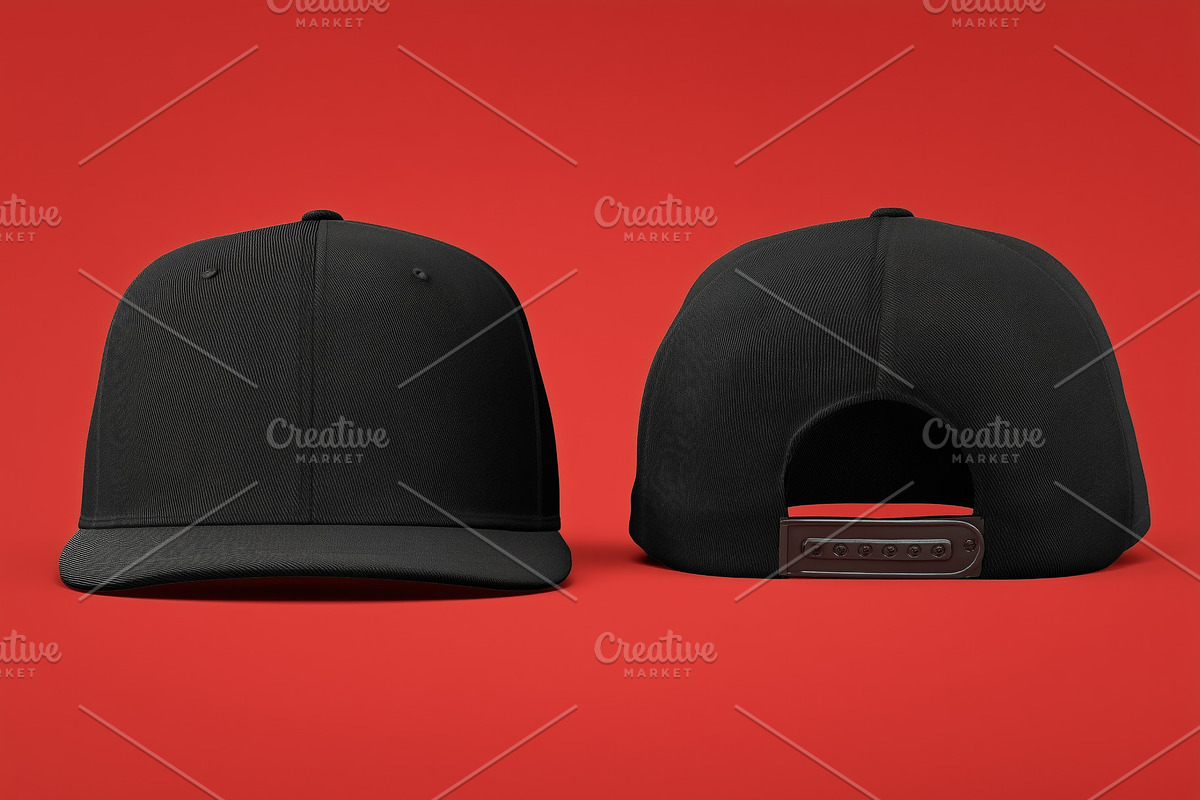 A black baseball cap mockup from the front and back on a red background, a Hat Mockup by Textures & Backgrounds