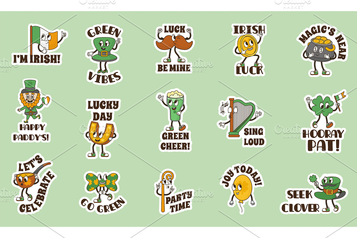Saint patricks day groovy stickers, an Illustration by Valerie Bodnar