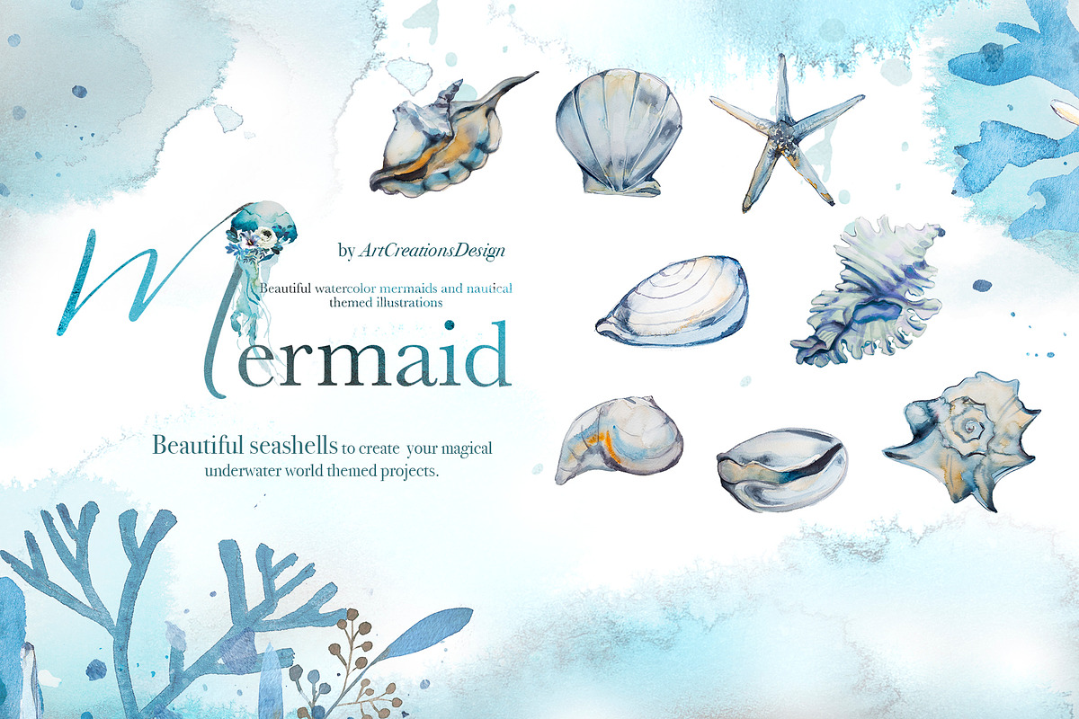 Hand-Painted Mermaid Clipart Set, a Person Illustration by ArtCreationsDesign (Photo 18 of 24)