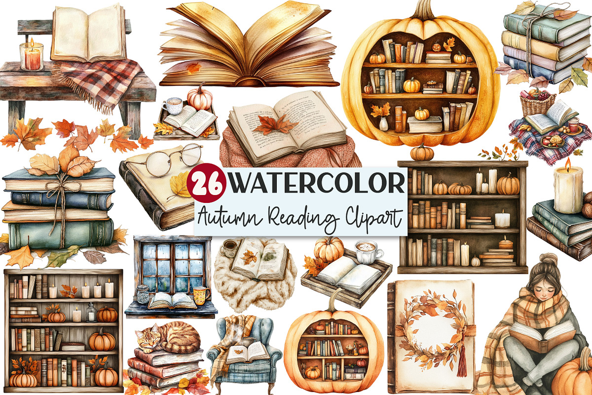 Watercolor Autumn Cozy Reading Clipa, an Illustration by Rose Art (Photo 1 of 7)