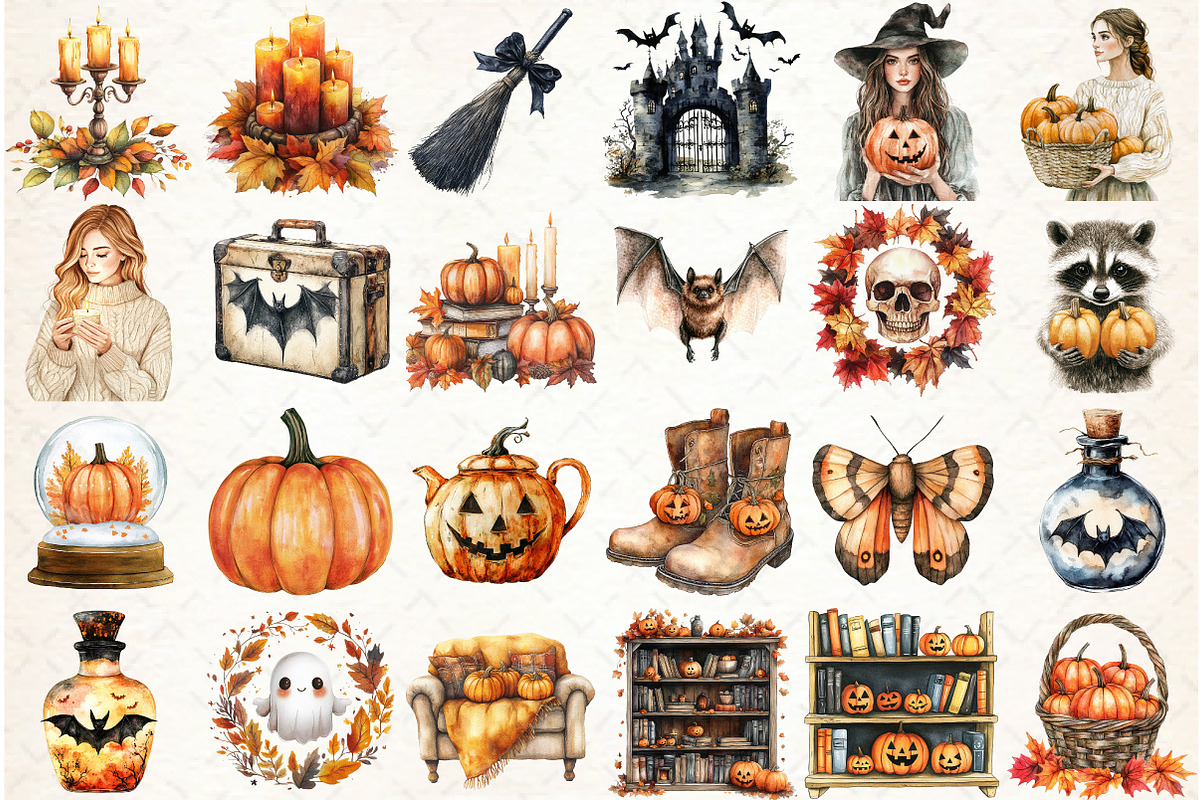 Watercolor Cozy Halloween Clipart, an Illustration by Libby Wishes (Photo 2 of 6)