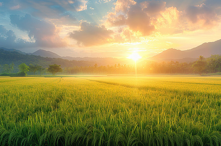 A vibrant painting of a sunset with, a Photo by LOGOCREATIVE