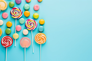 Colorful rainbow lollipops and candies on blue background, a Food & Drink Photo by AlyaAnd