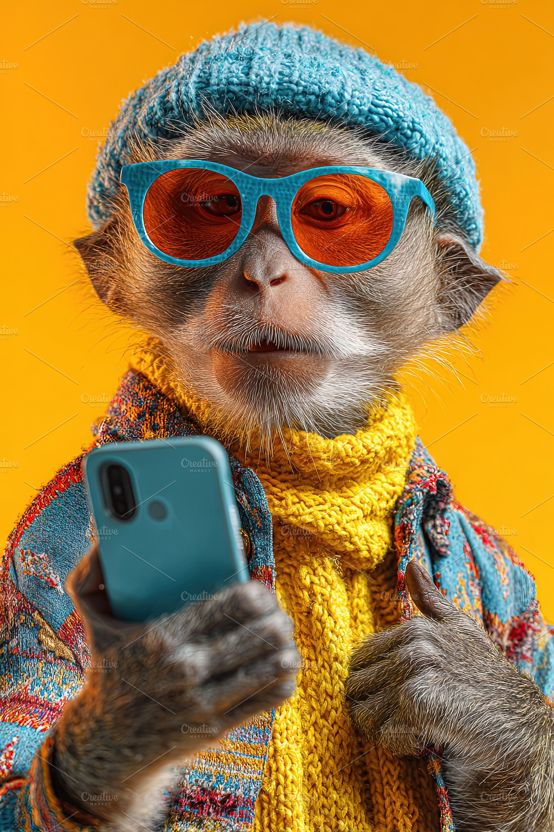 Stylish monkey in sunglasses and winter clothes using smartphone, an Abstract Photo by Ales Munt