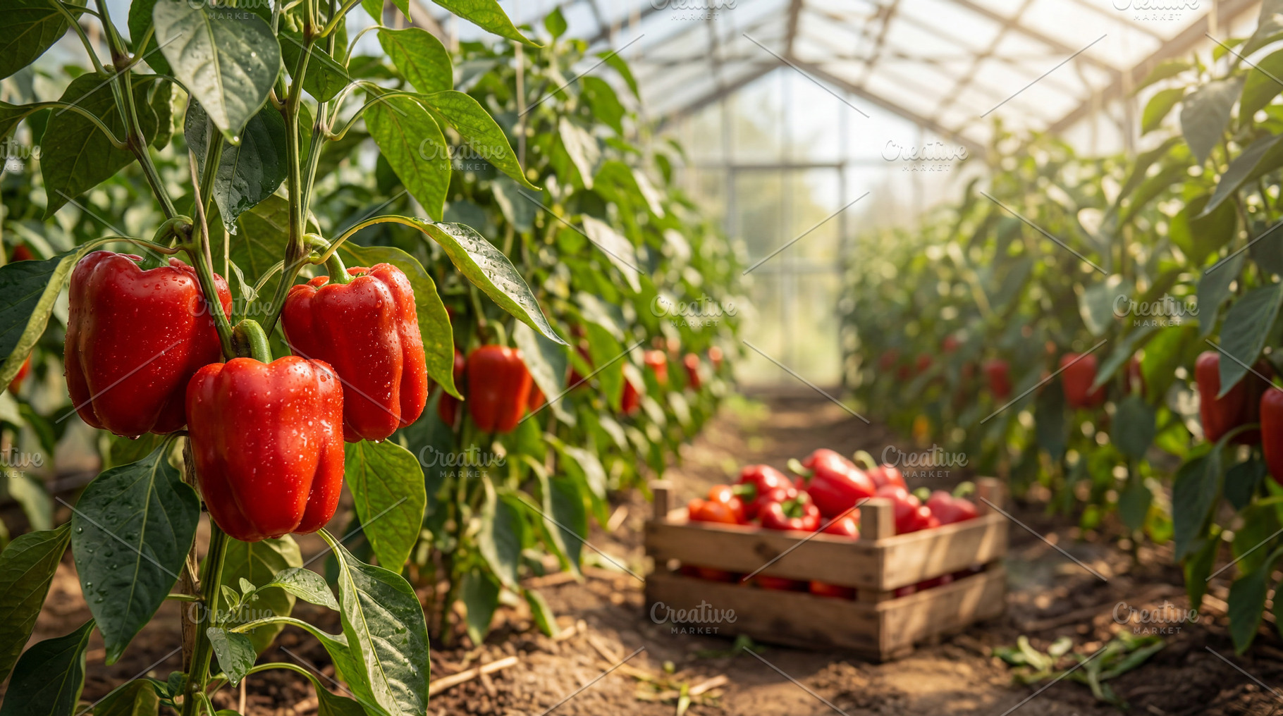 Bell peppers growing on plantation, a Food & Drink Photo by Volff