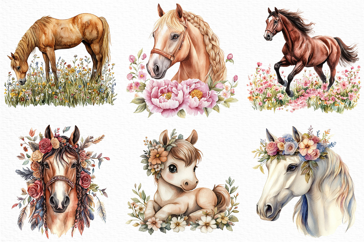 Watercolor Floral Horse Clipart, an Illustration by Craft Nest (Photo 2 of 6)