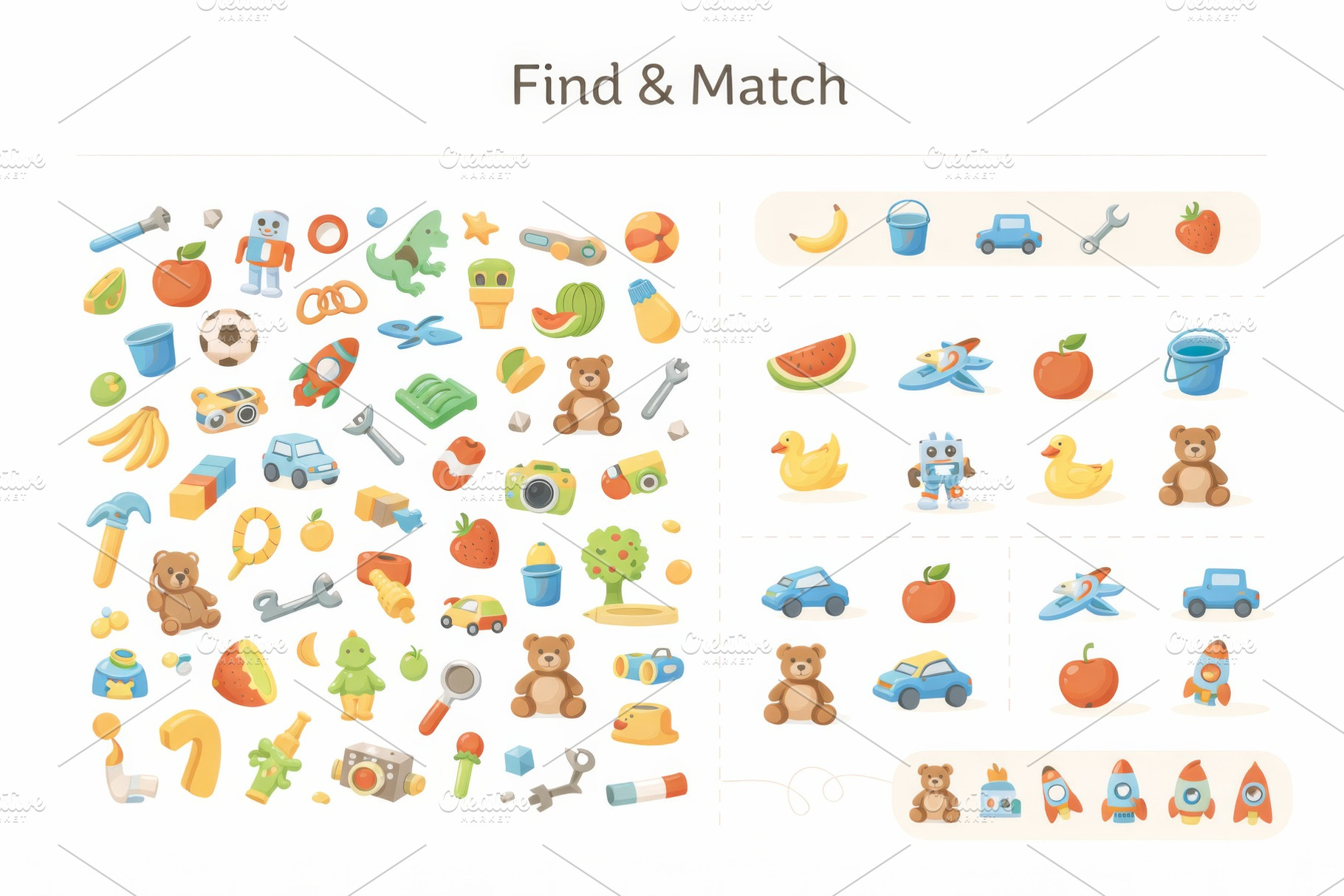 Find and match educational worksheet, a Photo by Dvoevnore photos