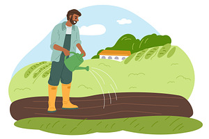 Man farmer watering beds with, an Object Illustration by Vectorbuum