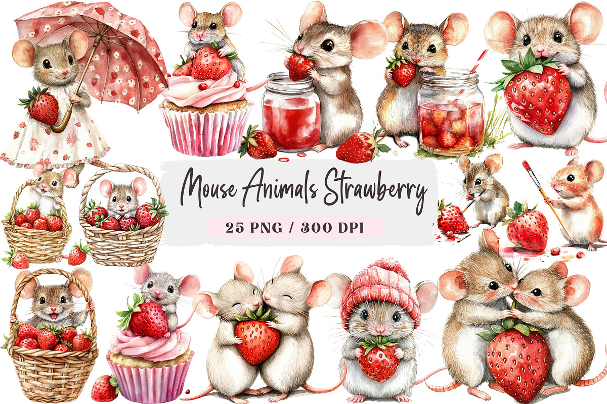 Mouse Animals Strawberry Clipart, a Seasonal Illustration by DreamArtGraphic (Photo 1 of 4)