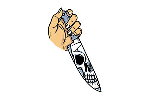 hand holding knife and skull face, a Person Illustration by gunaonedesign