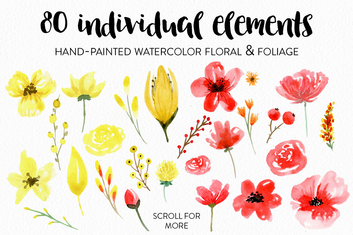 Watercolor Flower Set - Red & Yellow, an Illustration by foxandhazel (Photo 2 of 6)