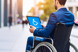 Woman at wheelchair using smartphone at indoor hall environment, a Person Photo by DanFLCreativo