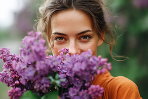 A young woman joyfully embraces vibrant lilac flowers while standing in a sunli, a Nature Photo by AlyaAnd
