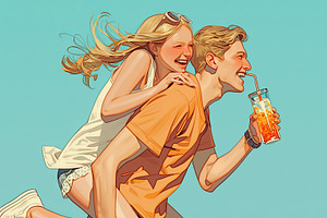 Cheerful couple enjoying outdoor fun with fresh drink under sunny sky, an Illustration by AS photostudio