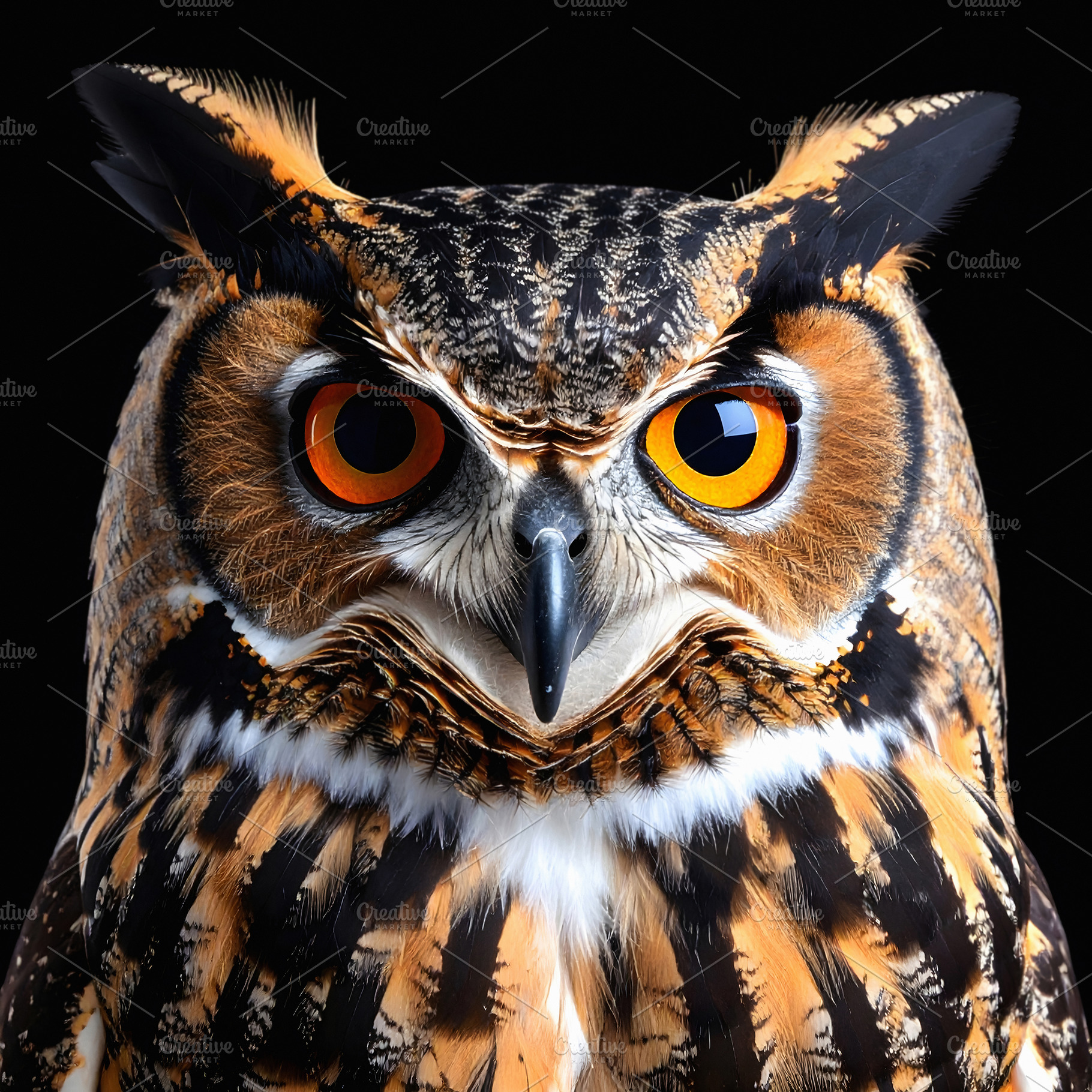 Great horned owl portrait with intense orange piercing eyes, an Animal Photo by GoodGoods