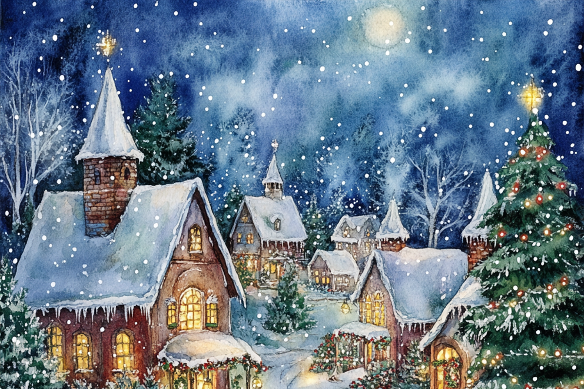Watercolor Snowy Christmas Village