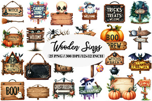 Halloween Wooden Sings Clipart, an Illustration by Daily.Designs