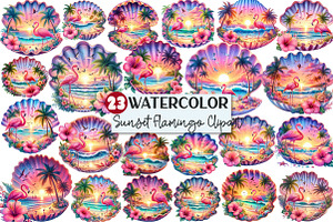 Tropical Sunset Flamingo Clipart, an Illustration by Rose Art