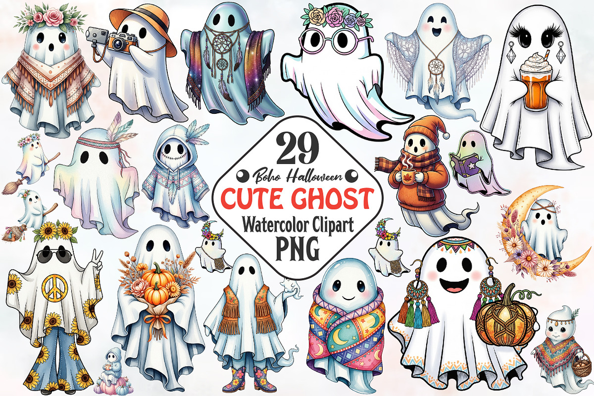 Boho Halloween Cute Ghost Clipart, a Seasonal Illustration by RobertsArt (Photo 1 of 7)