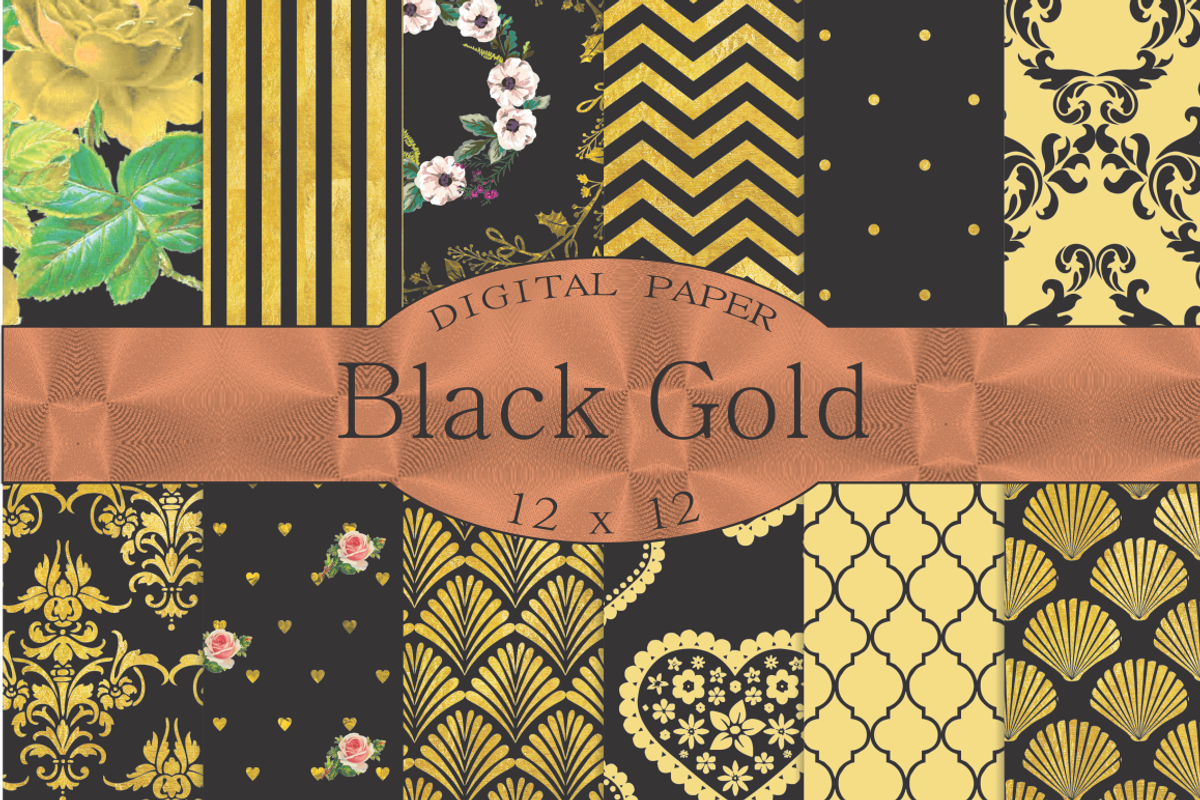 Black and Gold digital paper, a Pattern Graphic by Kiwi Fruit Punch