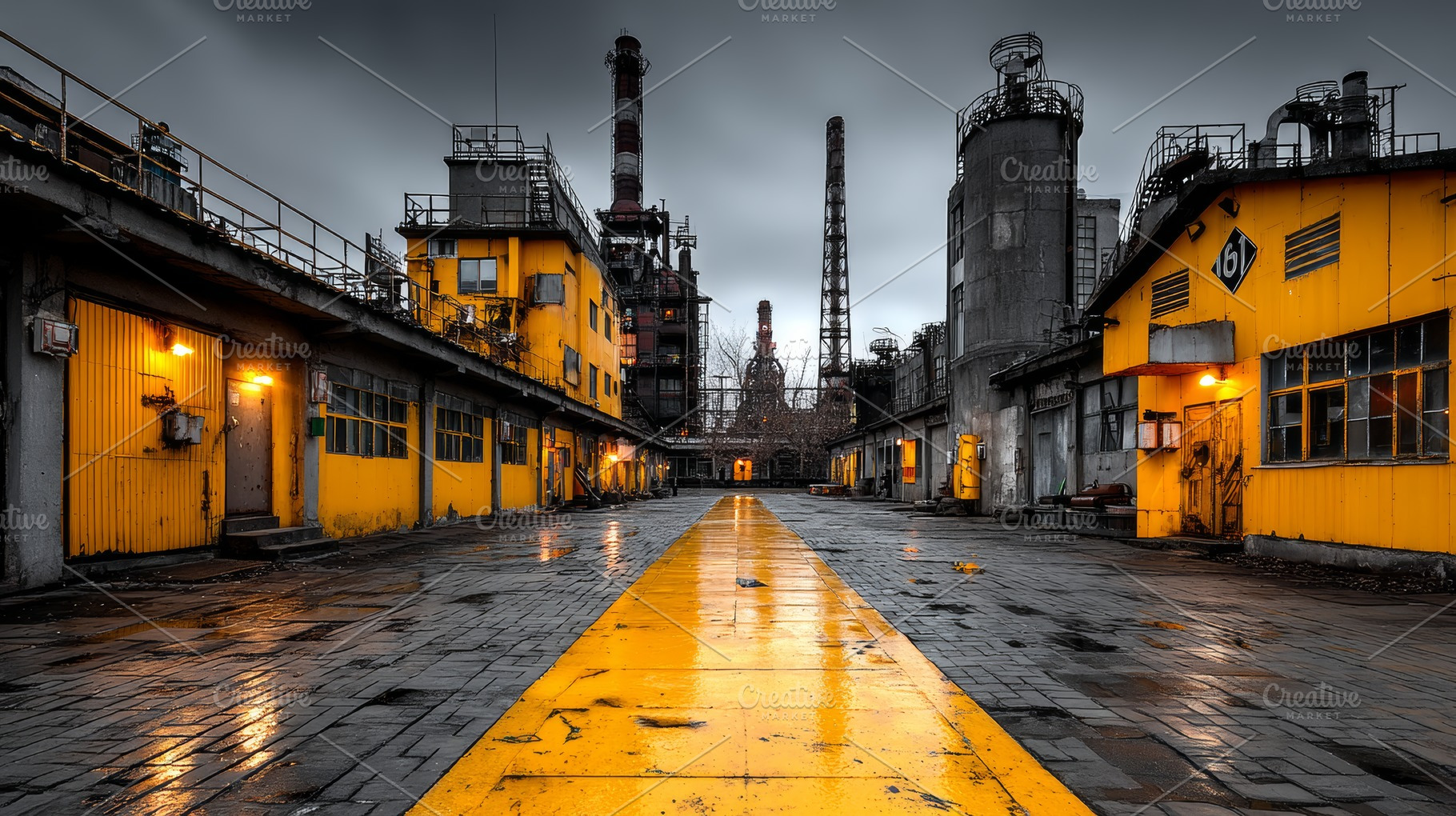 Industrial zone with yellow buildings and machinery against overcast sky, an Industrial Photo by AS photostudio