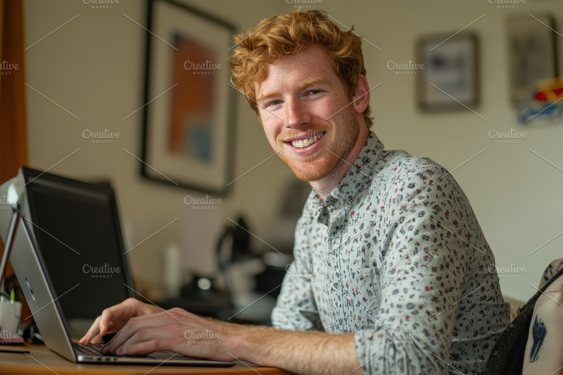 Cheerful young Caucasian man working, a Photo by Pavel_design
