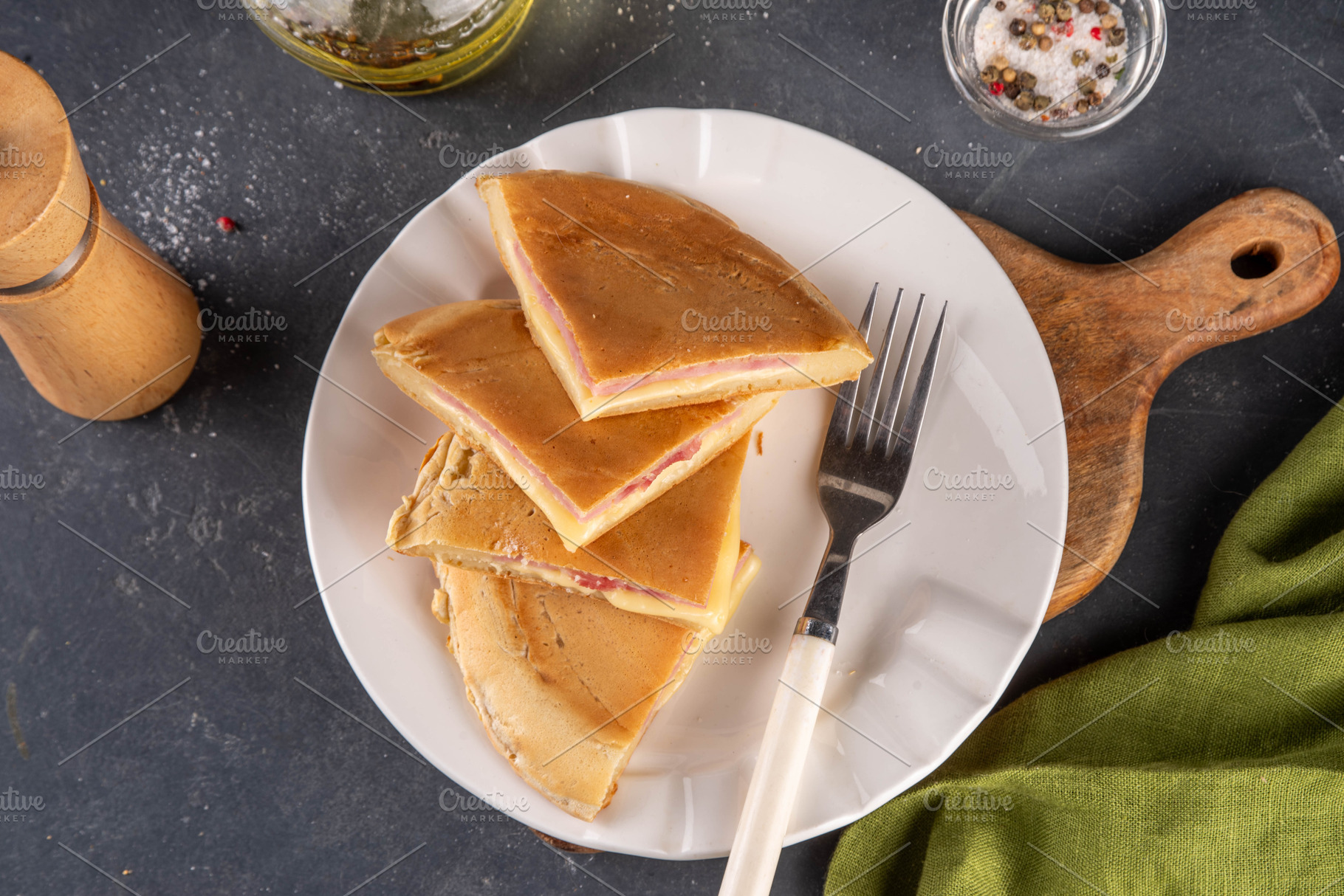 American Pancake Stuffed with Cheese and Ham, a Food & Drink Photo by Rimma