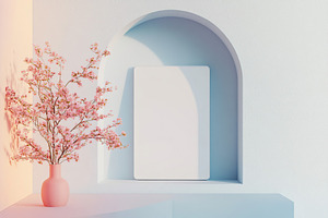 Blank tablet screen displayed on a pastel grey shelf with a floral vase, a Background Photo by AlyaAnd