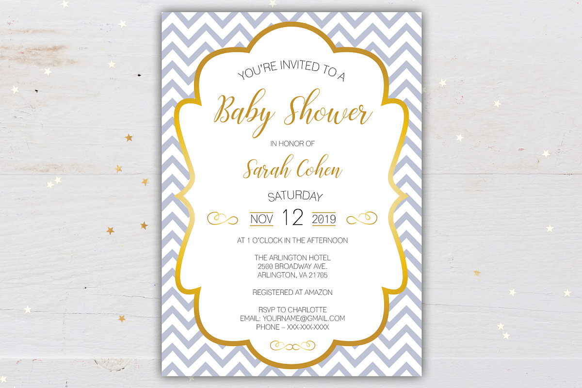 Gold Framed Baby Shower Invitation, a Stationery Template by BF Studios (Photo 3 of 4)
