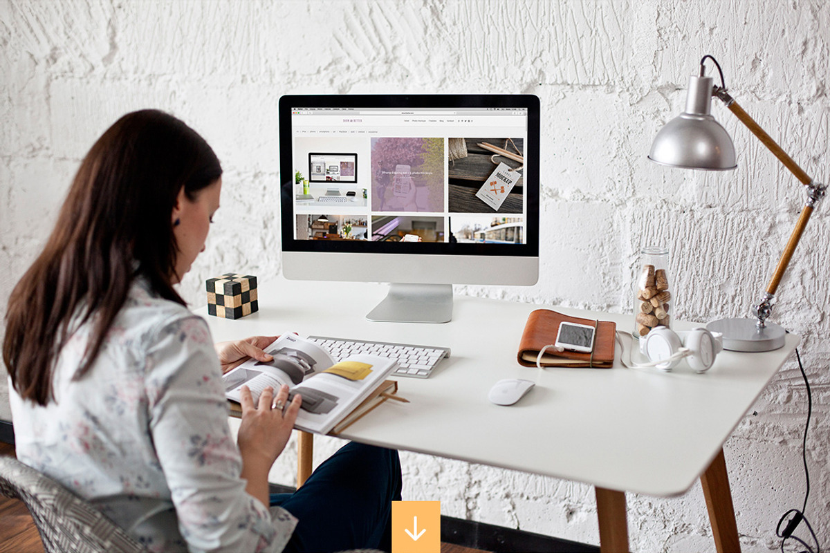 Woman using iMac - 12 photo mockups, a Household Mockup by show it better (Photo 5 of 5)