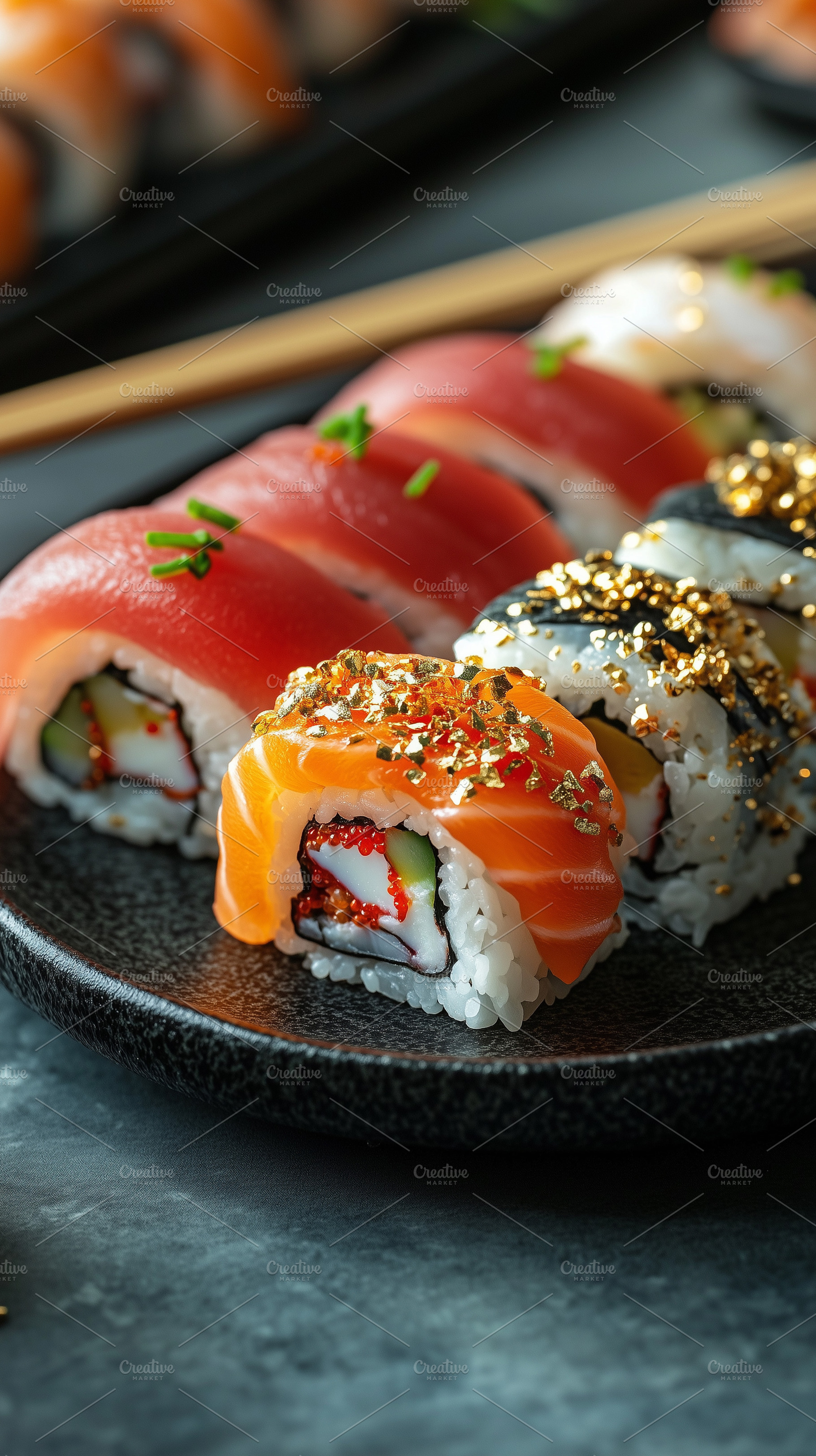 Elegant platter of sushi rolls with, a Food & Drink Photo by MistyDay