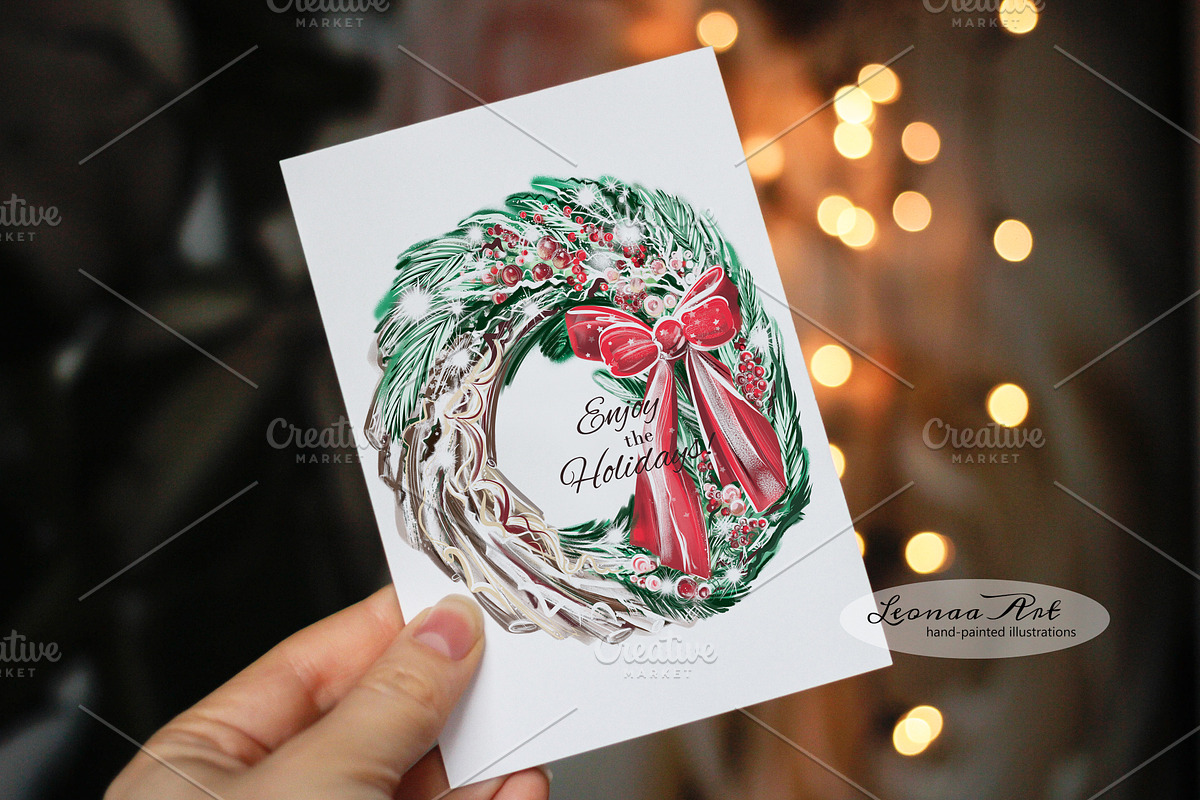 Merry Christmas Wreaths Clipart Set, a Seasonal Illustration by Leonaa art (Photo 2 of 21)