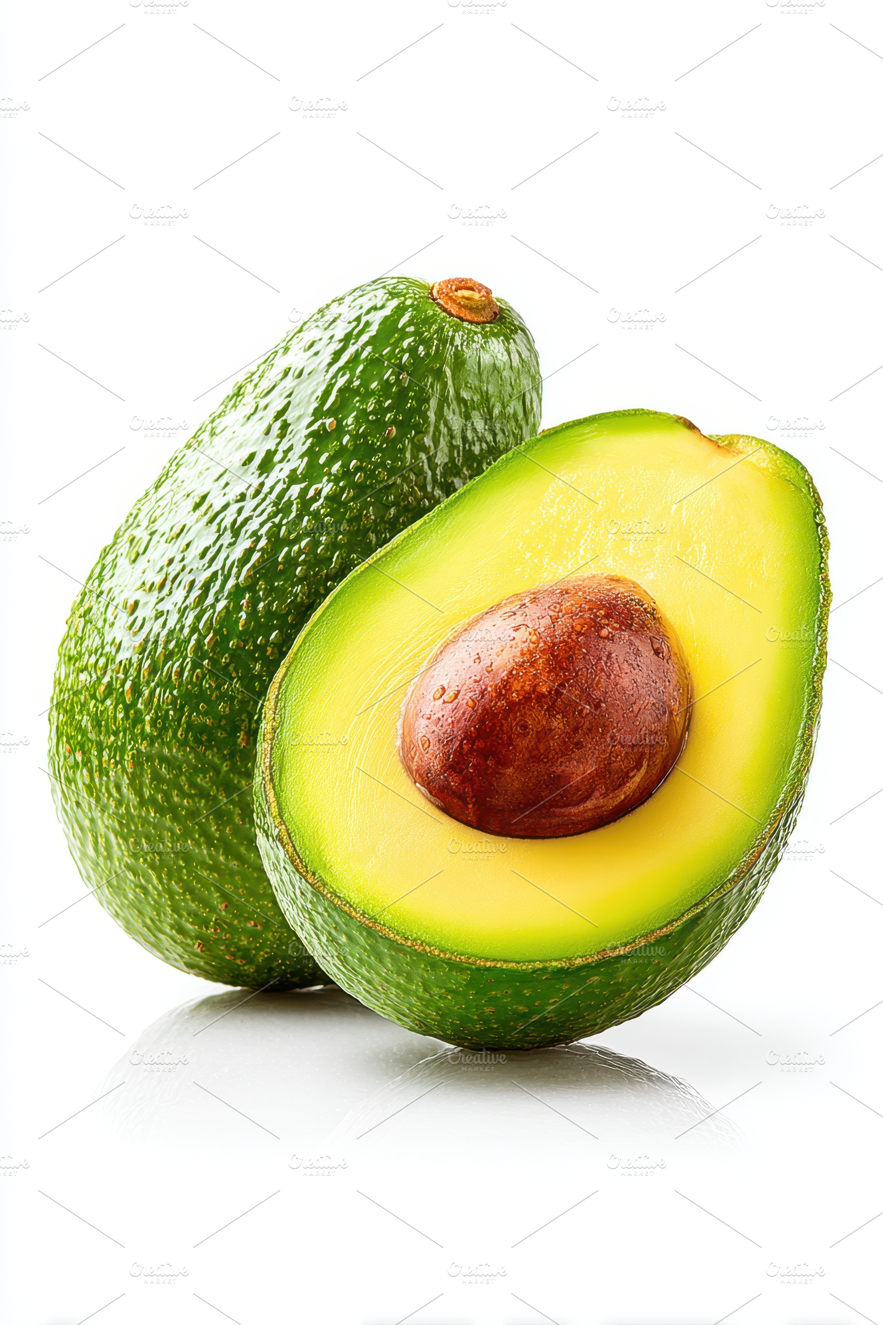 Fresh avocados cut in half on white background, a Food & Drink Photo by AlyaAnd