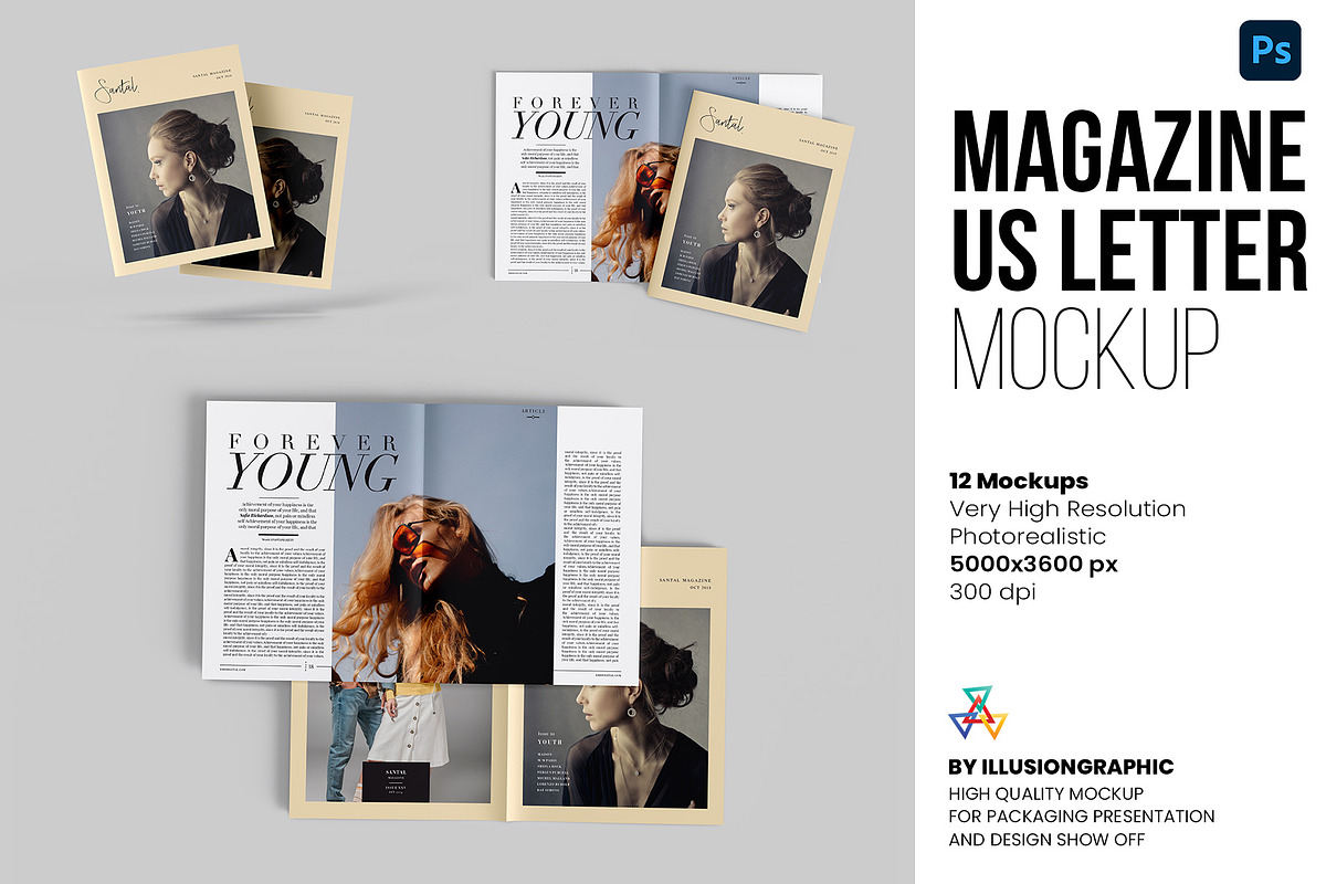 Magazine Mockup US Letter 12 views, a Books & Magazine Mockup by Illusiongraphic (Photo 1 of 16)