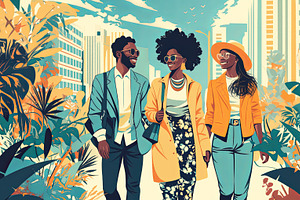 Three friends walking together in a vibrant city surrounded by greenery, an Illustration by AS photostudio