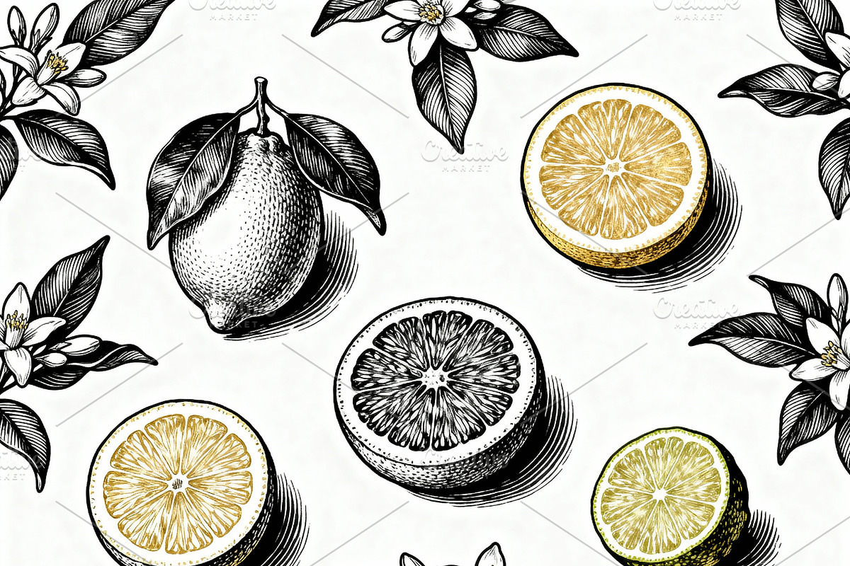 Elegant Botanical Lemon and Blossom, a Decorative Illustration by Virgo Studio
