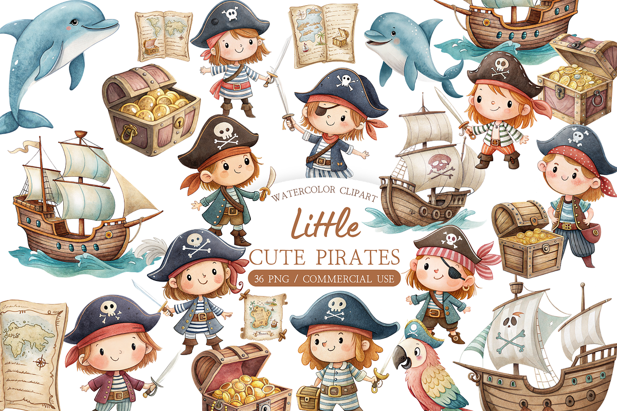 Watercolor Pirate Clipart Bundle, an Illustration by MockupWizard (Photo 1 of 5)