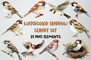 Watercolor Sparrow Clipart Set, an Animal Illustration by CropUp Creative (Thumbnail 1 of 5)