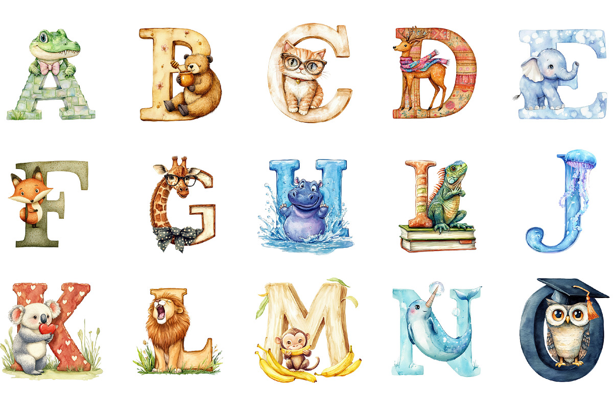 Cute Animal Alphabet Clipart Bundle, an Illustration by Designworld (Photo 2 of 6)