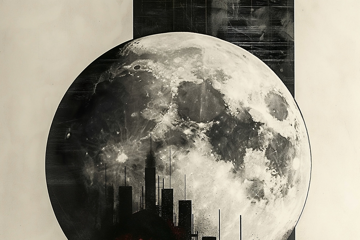 A surreal digital artwork featuring a stunning moon, city skylin, a Decorative Illustration by ImageMir