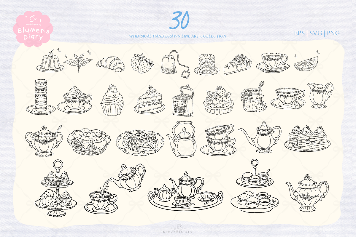 Afternoon Tea Desserts Line Art, a Decorative Illustration by Blumensdiary (Photo 2 of 6)