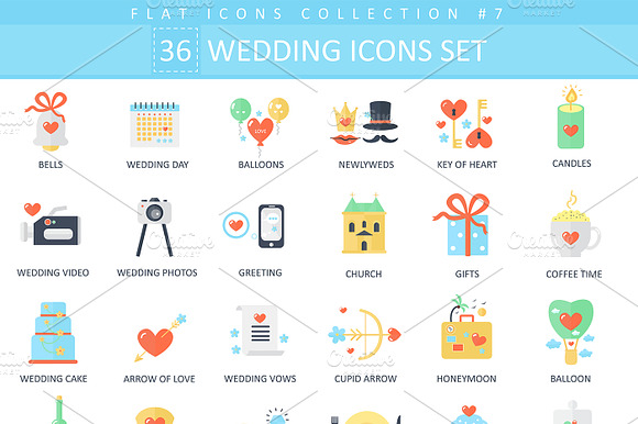 36 Wedding Color Flat Icons Set