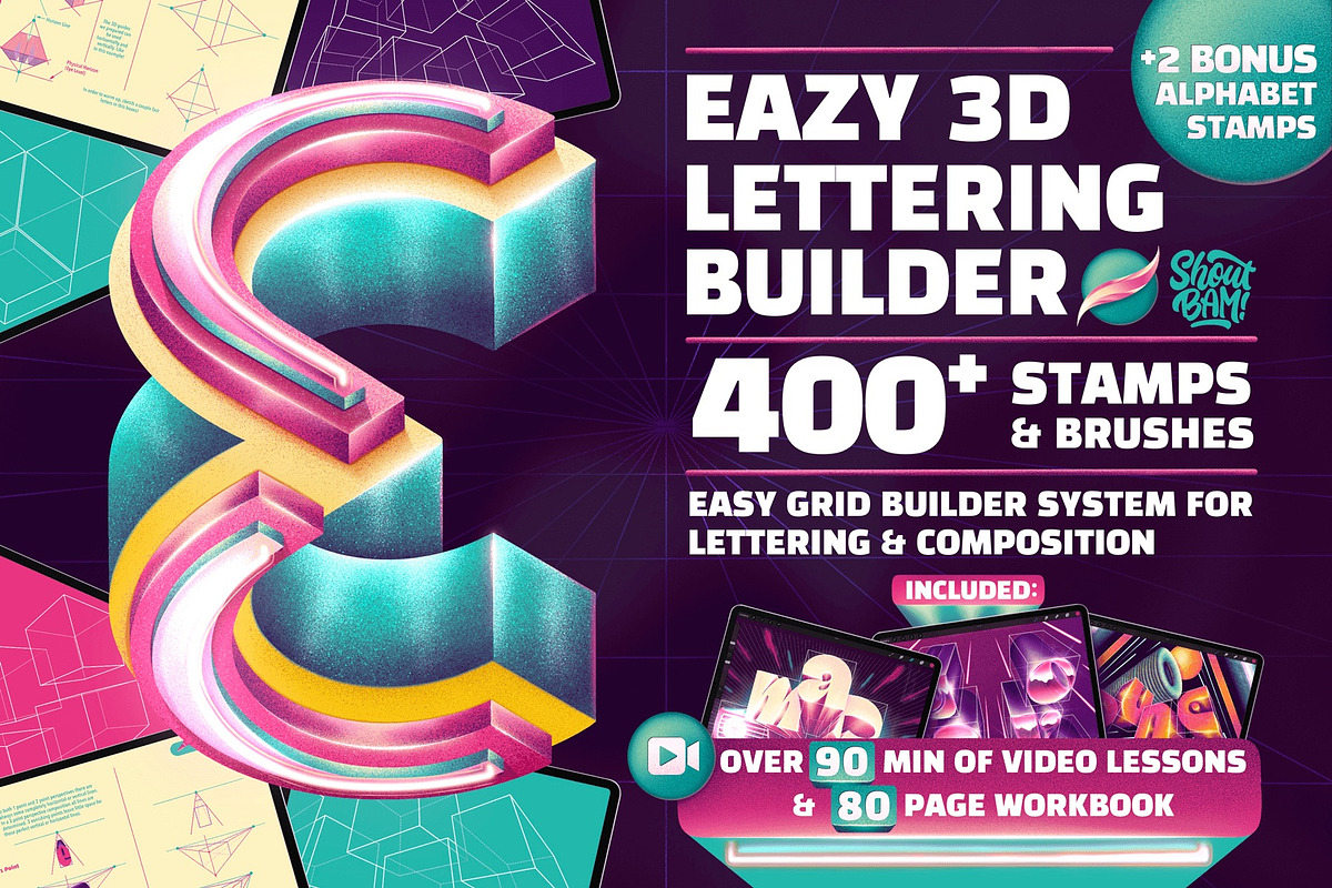 Eazy 3D Lettering Builder Procreate, a Brush Add-On by Shoutbam (Photo 1 of 6)